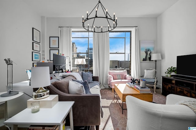 living room with a chandelier