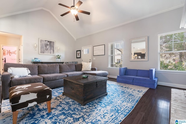 living room with crown molding, ceiling fan, dark hardwood / wood-style floors, and high vaulted ceiling