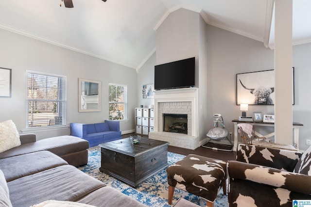 living room featuring dark wood-type flooring, high vaulted ceiling, ornamental molding, ceiling fan, and a fireplace