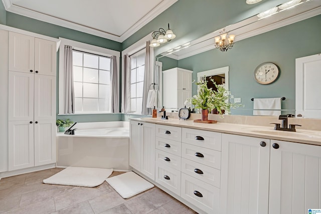 bathroom with a tub to relax in, an inviting chandelier, ornamental molding, vanity, and tile patterned flooring