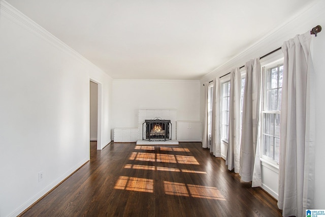 unfurnished living room featuring crown molding, a fireplace, and dark hardwood / wood-style floors