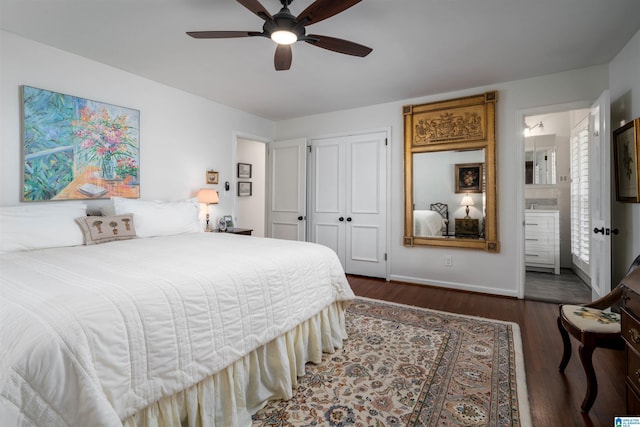 bedroom featuring dark wood-type flooring, a closet, ceiling fan, and ensuite bathroom