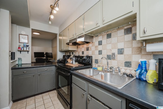 kitchen featuring gray cabinetry, sink, electric range, and white cabinets