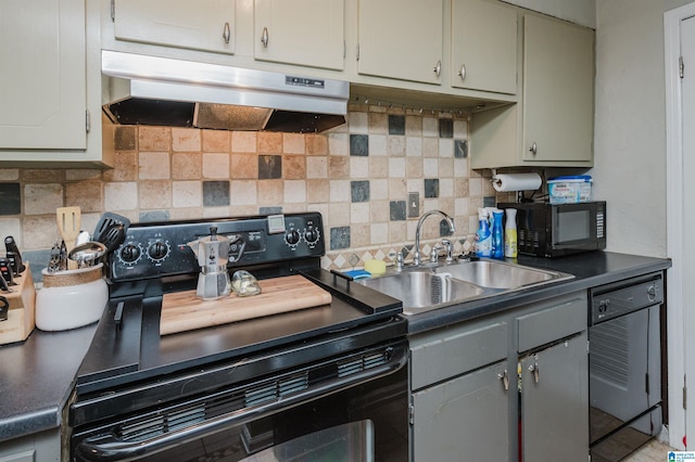 kitchen with sink, gray cabinetry, backsplash, and black appliances