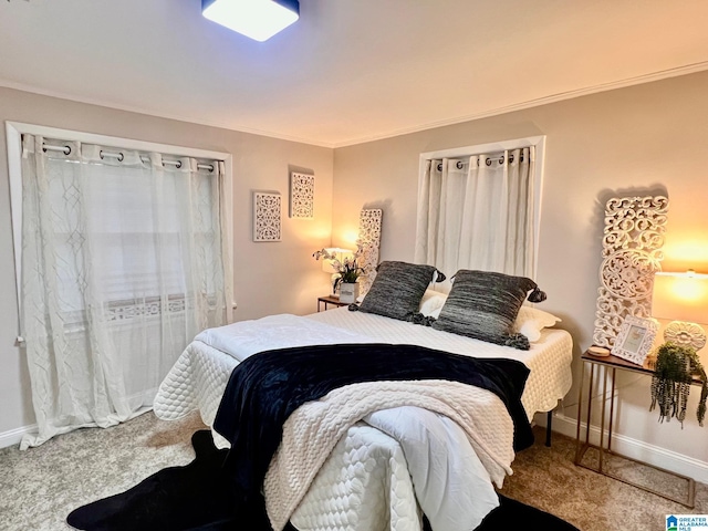 bedroom with crown molding and carpet floors