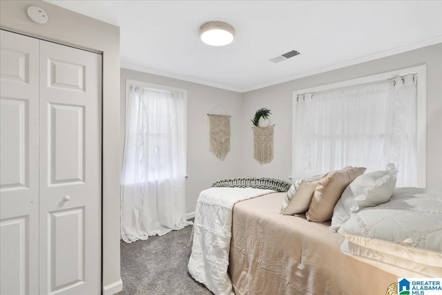 bedroom featuring crown molding, carpet floors, and a closet