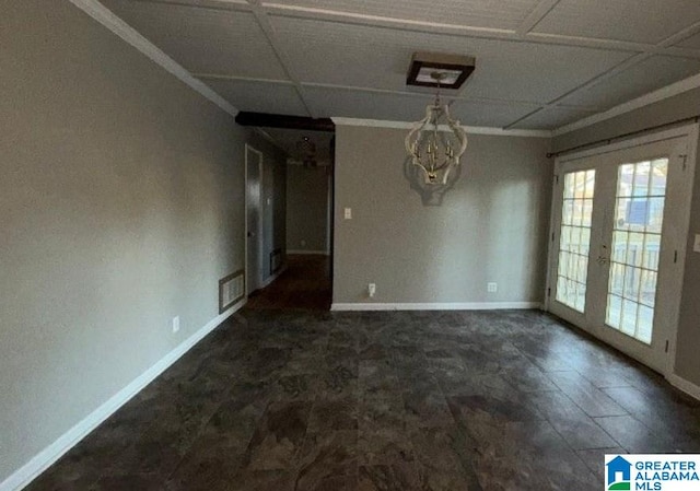 unfurnished dining area with visible vents, crown molding, and baseboards