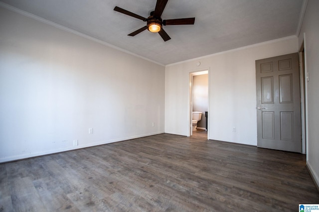 unfurnished bedroom with dark wood-type flooring, ceiling fan, ornamental molding, and ensuite bath