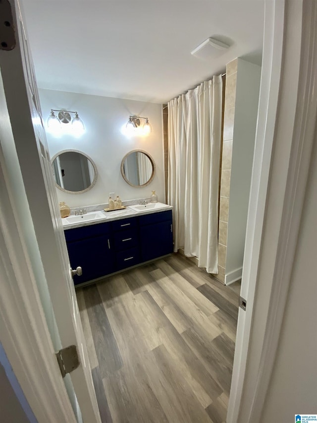 bathroom featuring hardwood / wood-style flooring and vanity