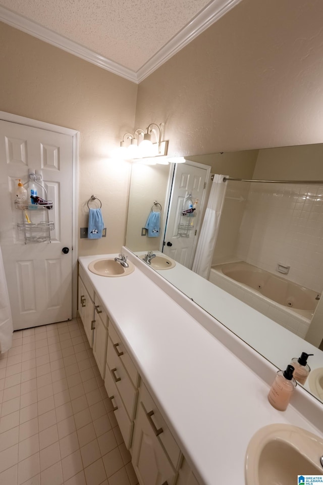 bathroom featuring crown molding, shower / tub combo, tile patterned flooring, vanity, and a textured ceiling