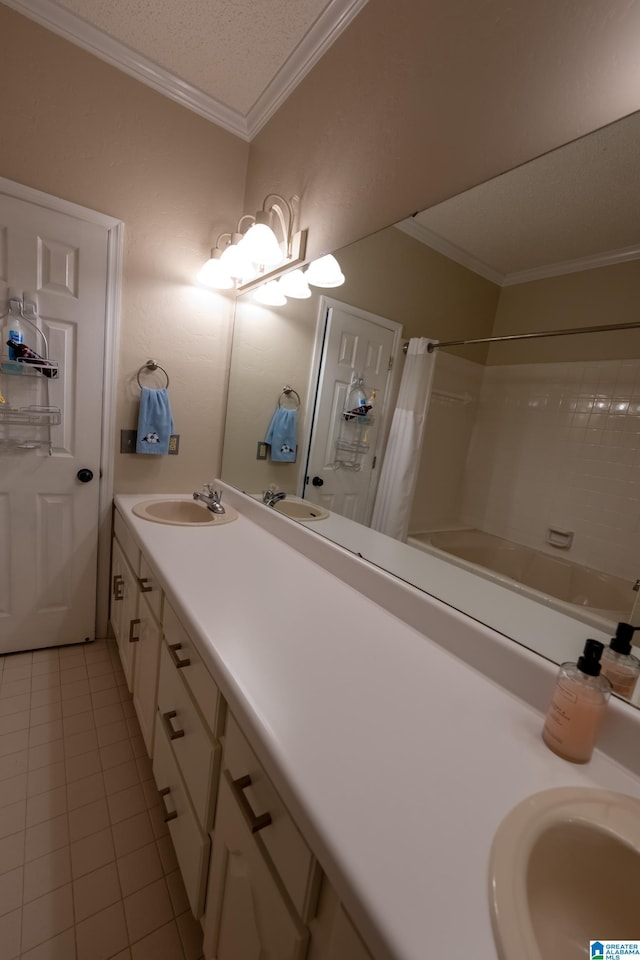 bathroom with shower / bath combination with curtain, ornamental molding, vanity, tile patterned floors, and a textured ceiling