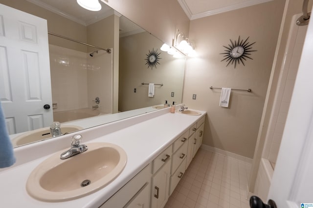 bathroom with vanity, crown molding, tile patterned floors, and bathtub / shower combination