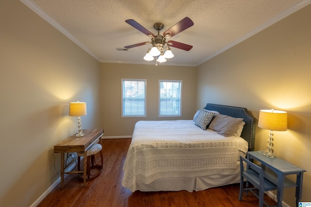 bedroom with crown molding, a textured ceiling, and dark hardwood / wood-style flooring