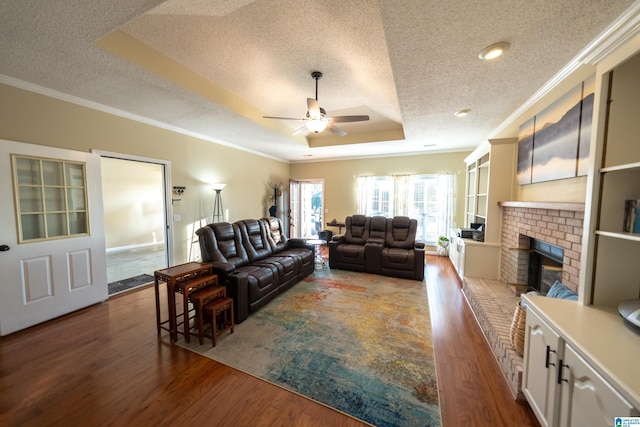 living room with wood-type flooring, crown molding, a fireplace, and a tray ceiling