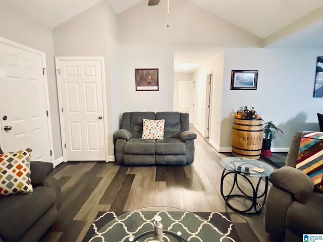 living room featuring wood-type flooring and vaulted ceiling