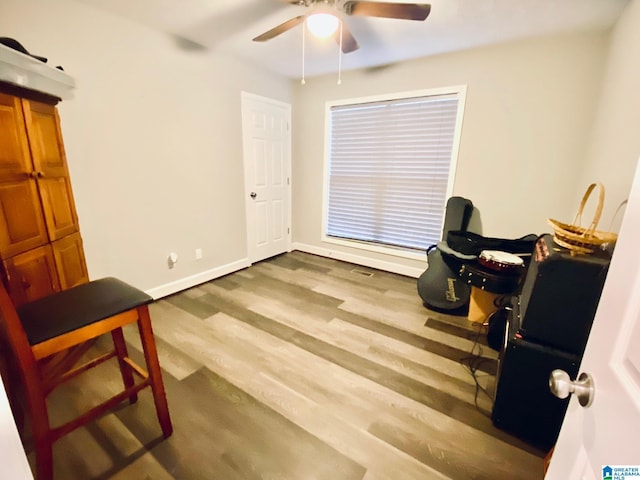 interior space with ceiling fan and hardwood / wood-style floors