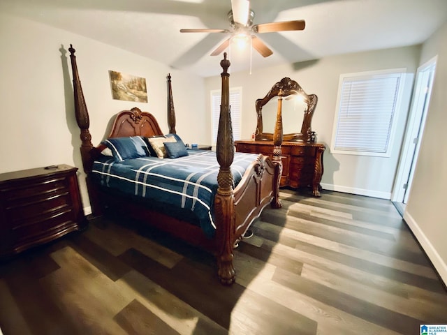 bedroom with ceiling fan and light wood-type flooring