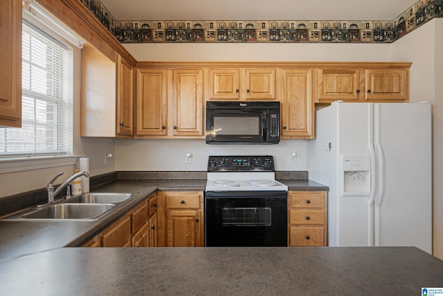 kitchen featuring white fridge with ice dispenser, sink, and electric range