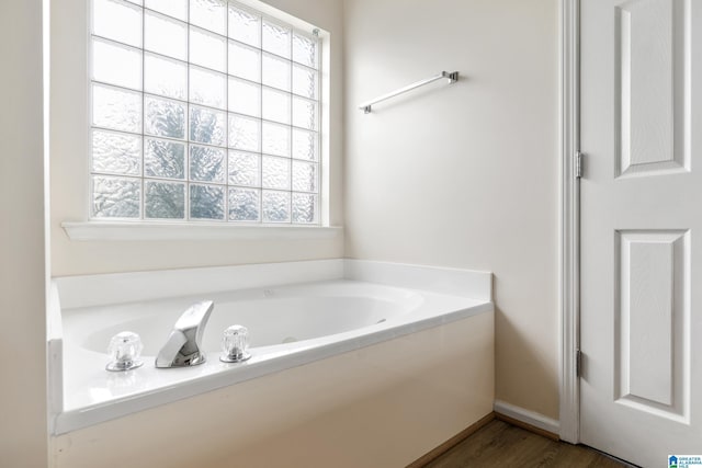 bathroom with wood-type flooring and a bathing tub