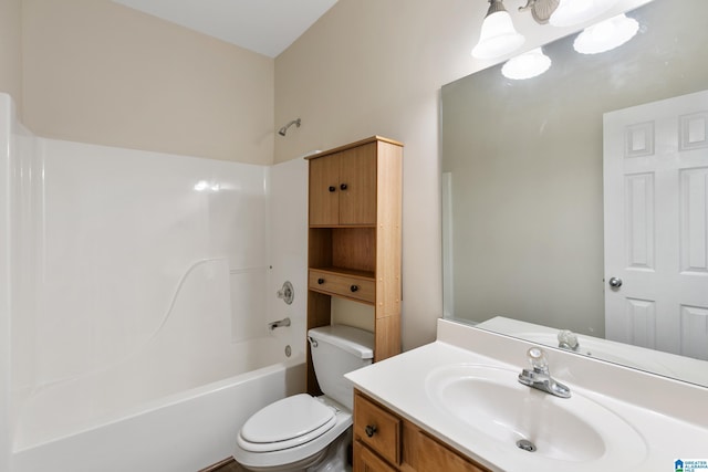 full bathroom featuring shower / bath combination, vanity, and toilet