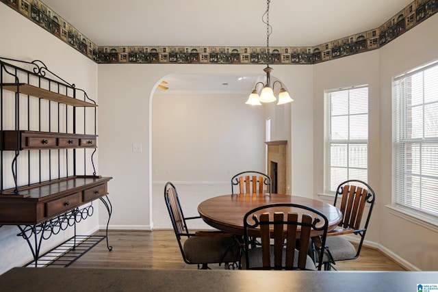 dining room with hardwood / wood-style floors and a notable chandelier