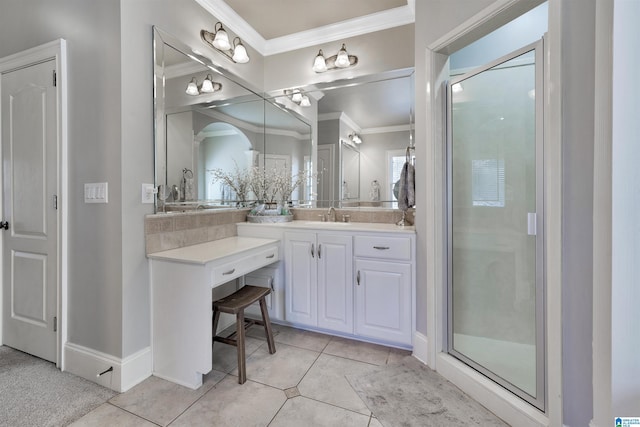 bathroom featuring tile patterned flooring, ornamental molding, vanity, and walk in shower