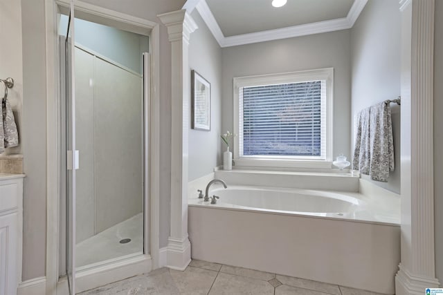 bathroom with ornate columns, ornamental molding, vanity, independent shower and bath, and tile patterned flooring