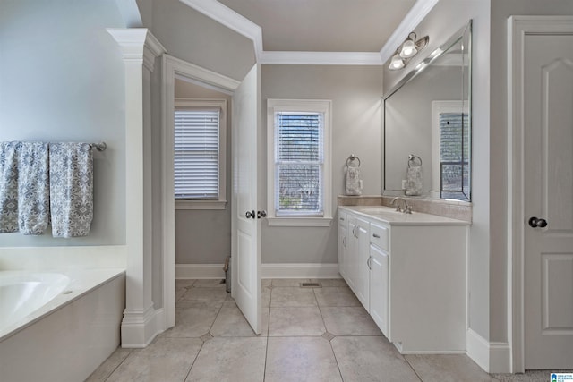 bathroom featuring ornamental molding, vanity, a bath, and tile patterned flooring