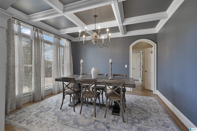 dining space featuring crown molding, hardwood / wood-style floors, beam ceiling, coffered ceiling, and a notable chandelier