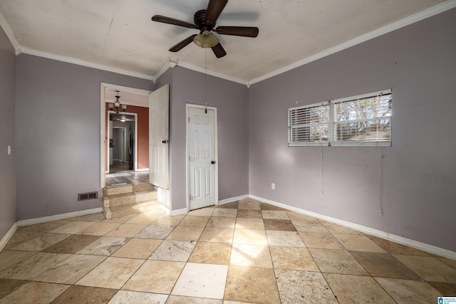 unfurnished room featuring ornamental molding and ceiling fan