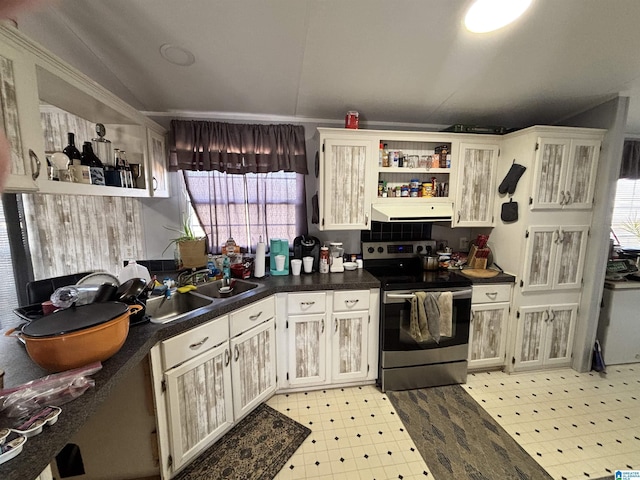 kitchen with white cabinetry, sink, and stainless steel electric range oven