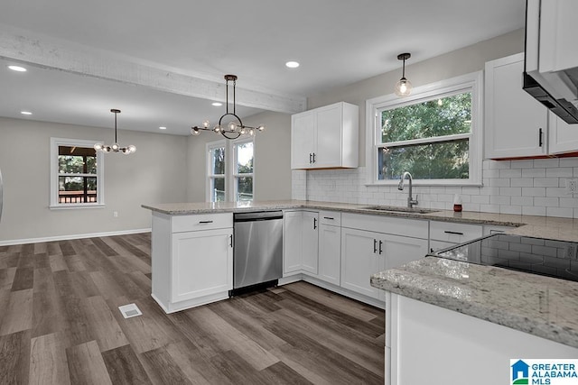 kitchen with sink, hanging light fixtures, white cabinets, stainless steel dishwasher, and kitchen peninsula