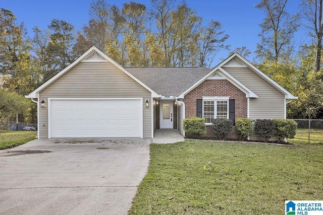 ranch-style home with a garage and a front lawn