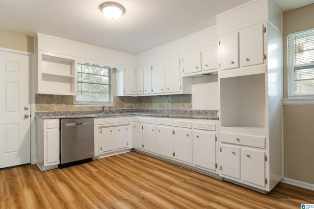 kitchen with white cabinets, decorative backsplash, dishwasher, and light wood-type flooring