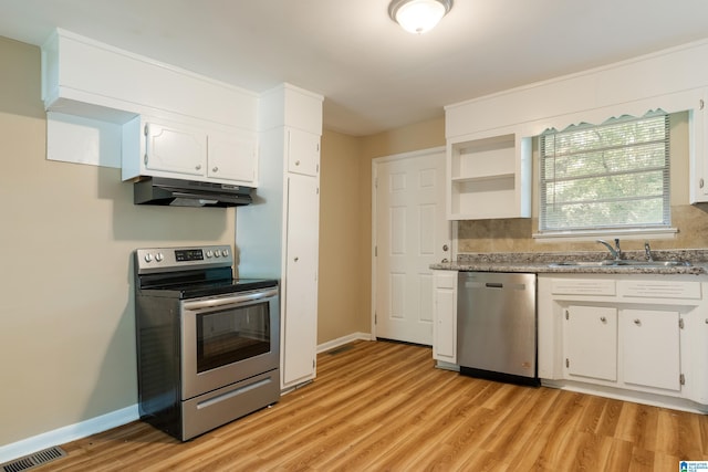 kitchen featuring sink, white cabinetry, light stone counters, light hardwood / wood-style flooring, and appliances with stainless steel finishes