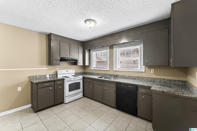 kitchen featuring sink, dark brown cabinets, black dishwasher, white electric range oven, and a textured ceiling