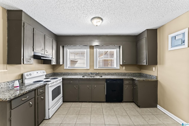 kitchen with white range with electric cooktop, black dishwasher, sink, and dark brown cabinets