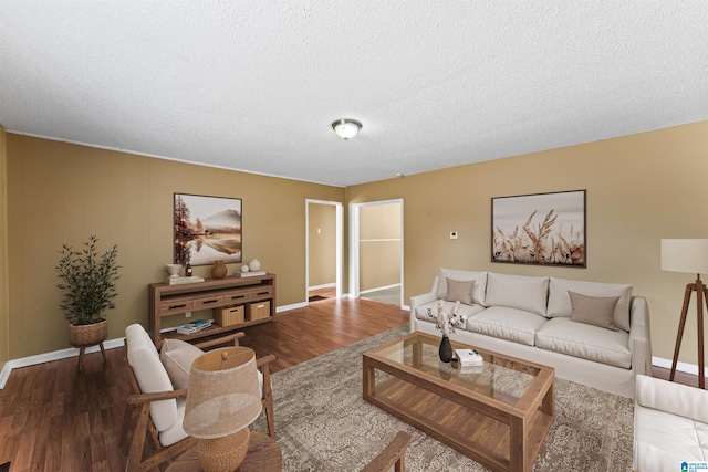 living room with wood-type flooring and a textured ceiling