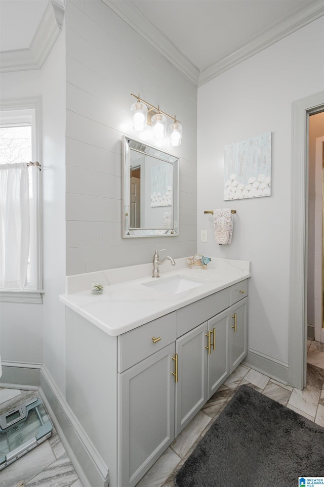 bathroom featuring vanity and crown molding