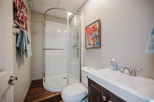 bathroom featuring vanity, wood-type flooring, a shower with shower door, and toilet