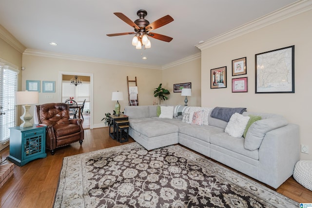 living room featuring crown molding, wood-type flooring, and ceiling fan with notable chandelier