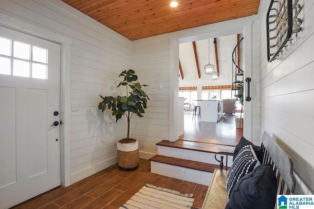 entrance foyer with wood ceiling