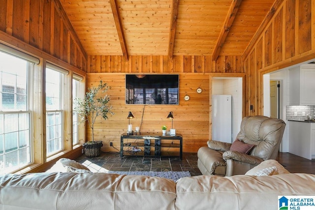 living room featuring vaulted ceiling with beams, wooden ceiling, and wood walls