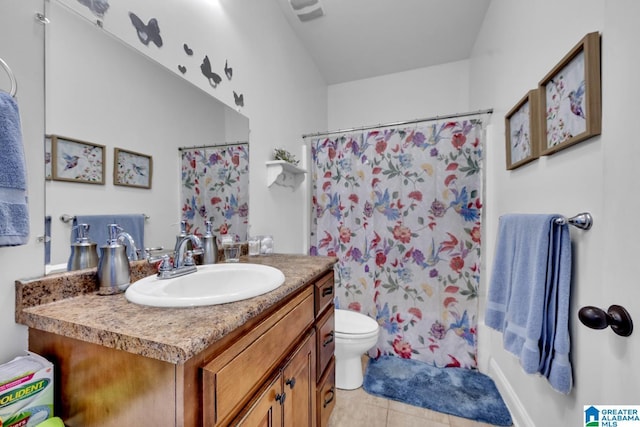 full bathroom with a shower with curtain, visible vents, toilet, vanity, and tile patterned flooring