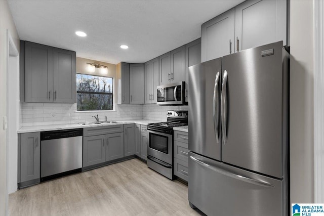 kitchen featuring appliances with stainless steel finishes, sink, decorative backsplash, and gray cabinetry