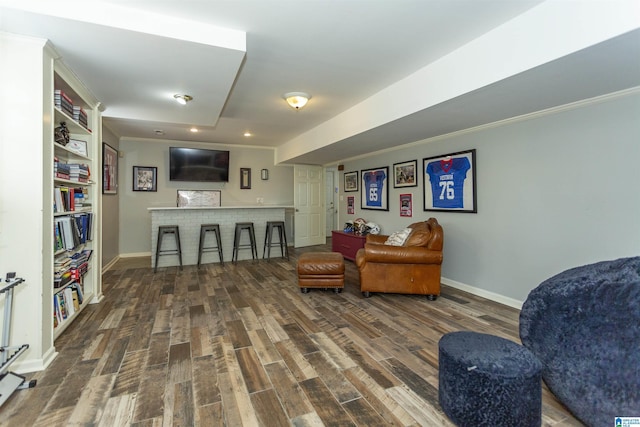 living area featuring bar area and dark hardwood / wood-style flooring