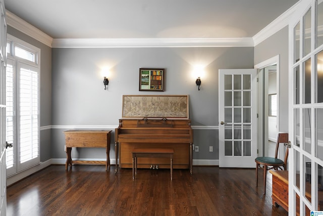 misc room featuring dark hardwood / wood-style floors, crown molding, plenty of natural light, and french doors