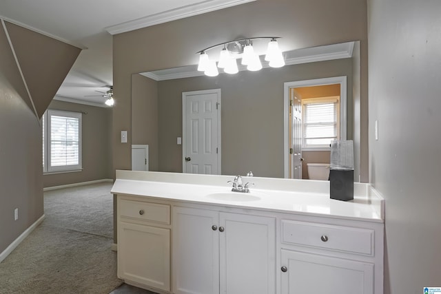 bathroom with crown molding, a healthy amount of sunlight, and vanity