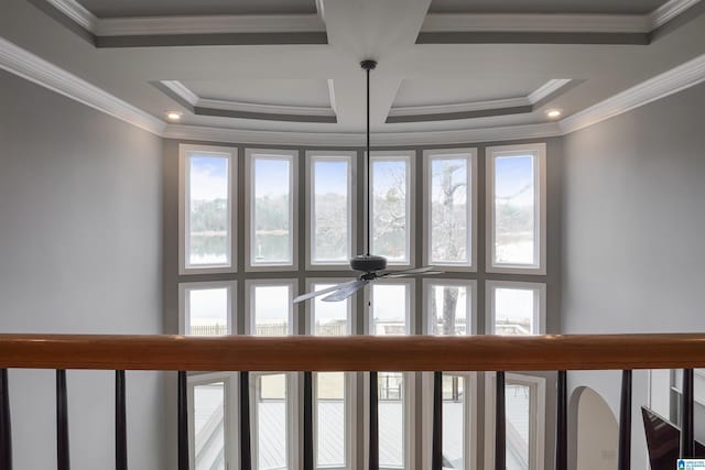 details featuring ceiling fan, ornamental molding, and coffered ceiling