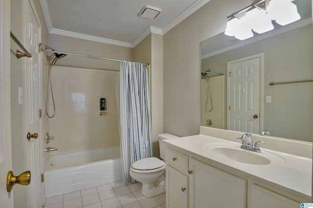 full bathroom featuring shower / tub combo with curtain, tile patterned flooring, vanity, toilet, and crown molding